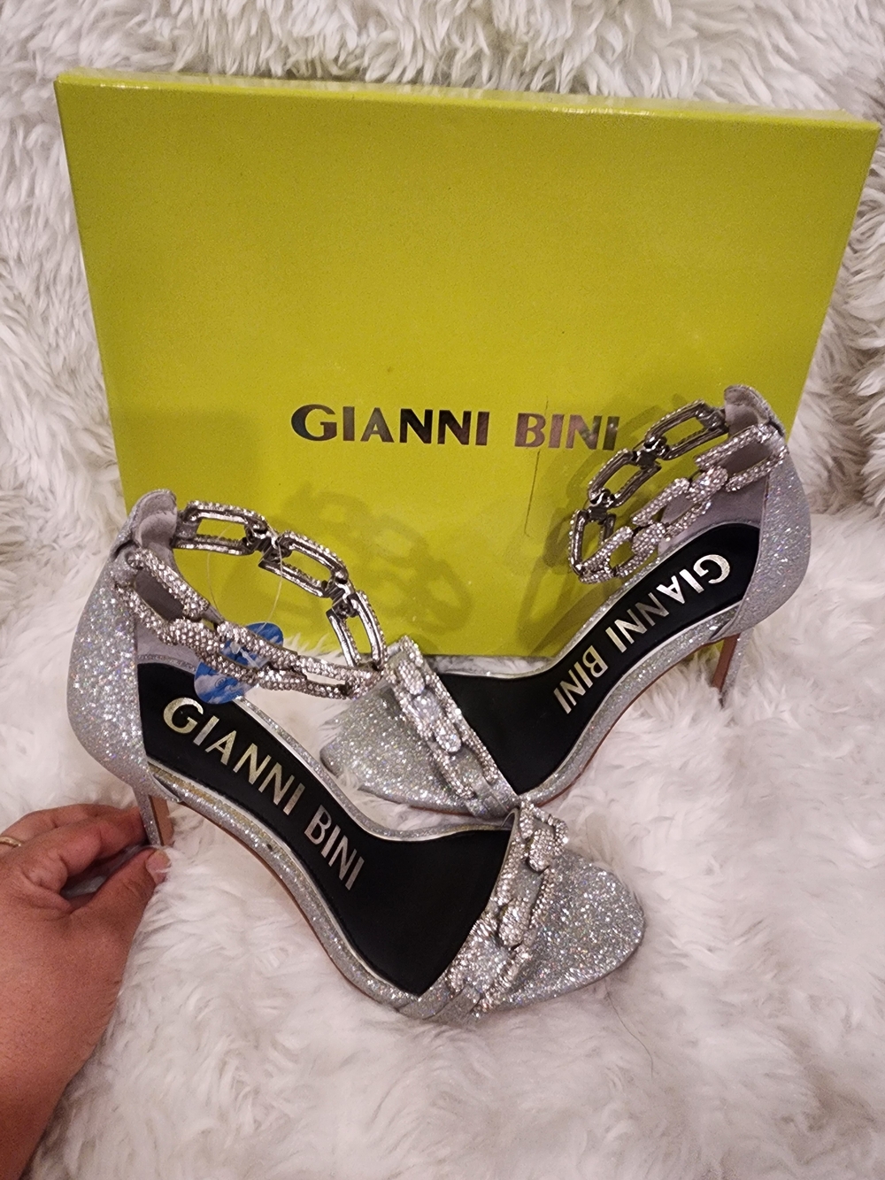 Gianni Bini Silver Glitter Chain-Strap Heels